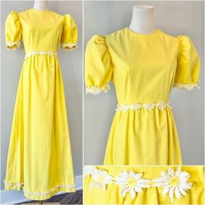 Vintage 1970s Yellow Dress Cotton Daisy Floral 70s Spring Easter Cottagecore
